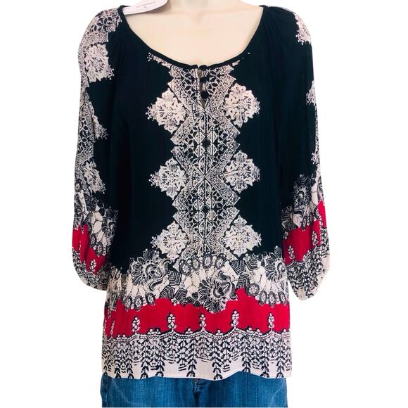 NWT Angie Black Red Boho Inspired Print Long Sleeve Top 3 button Scoop Neck Top - Picture 1 of 16
